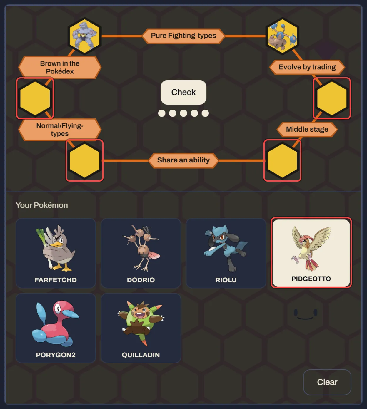 The Combeene board with two Pokémon on their corners and a third picked from the tray