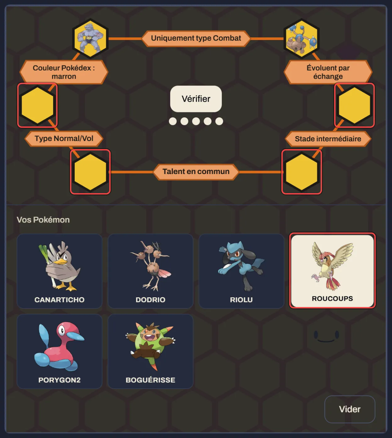 La grille de Combeene avec deux Pokémon sur leurs coins et un troisième choisi dans le plateau