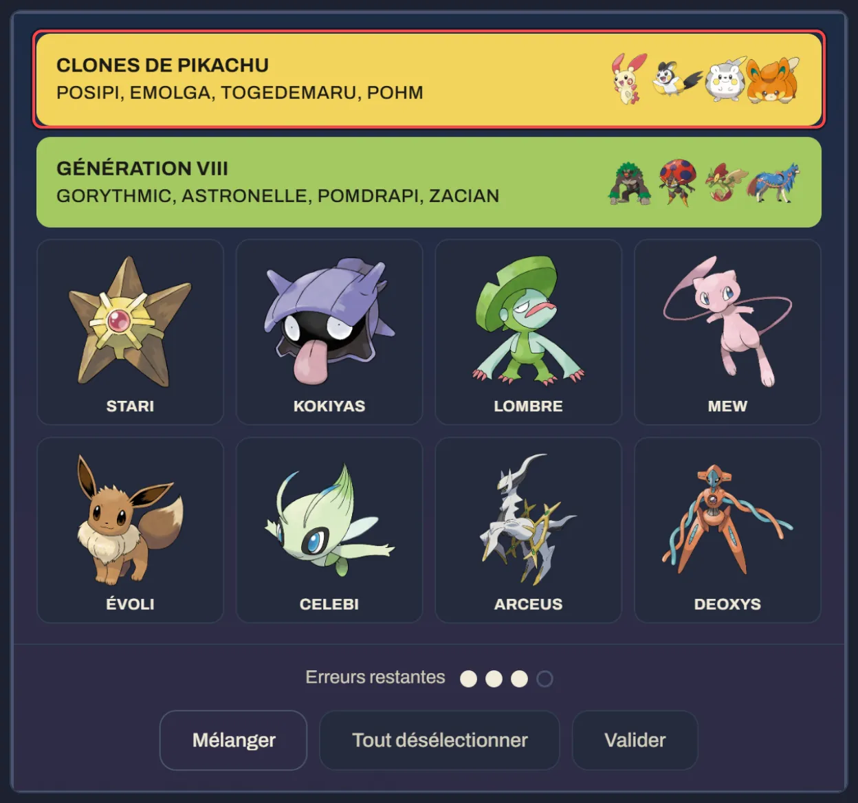 Deux groupes trouvés sur la grille, chacun avec son lien et ses quatre Pokémon