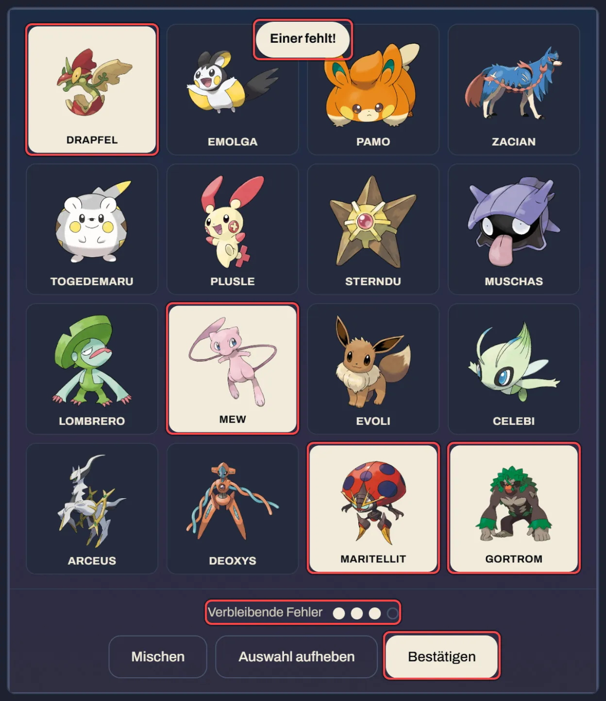 Das Pokénections-Brett mit vier ausgewählten Pokémon, dem Hinweis „Einer fehlt!“, den verbleibenden Fehlern und dem Bestätigen-Knopf