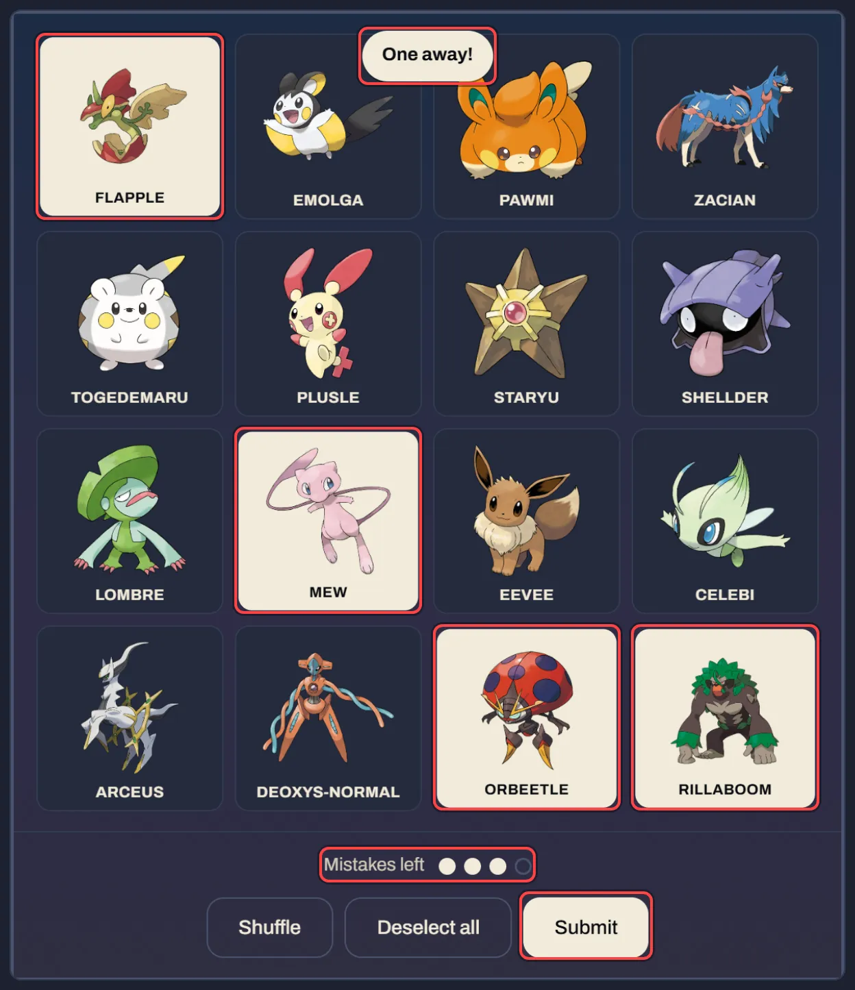The Pokénections board with four Pokémon picked, the “One away!” notice, the mistakes left and the Submit button