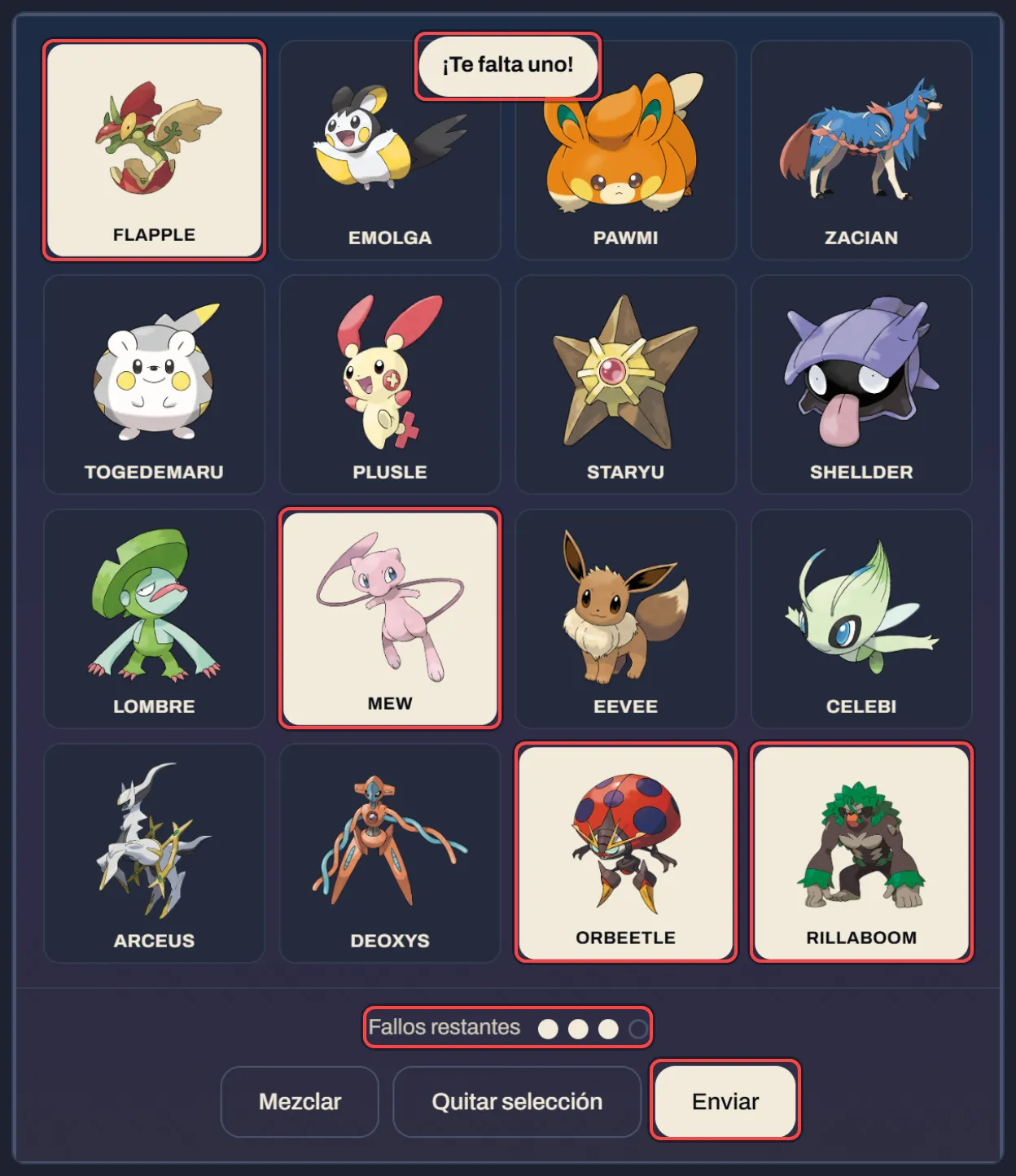 El tablero de Pokénections con cuatro Pokémon elegidos, el aviso «¡Te falta uno!», los fallos restantes y el botón Enviar