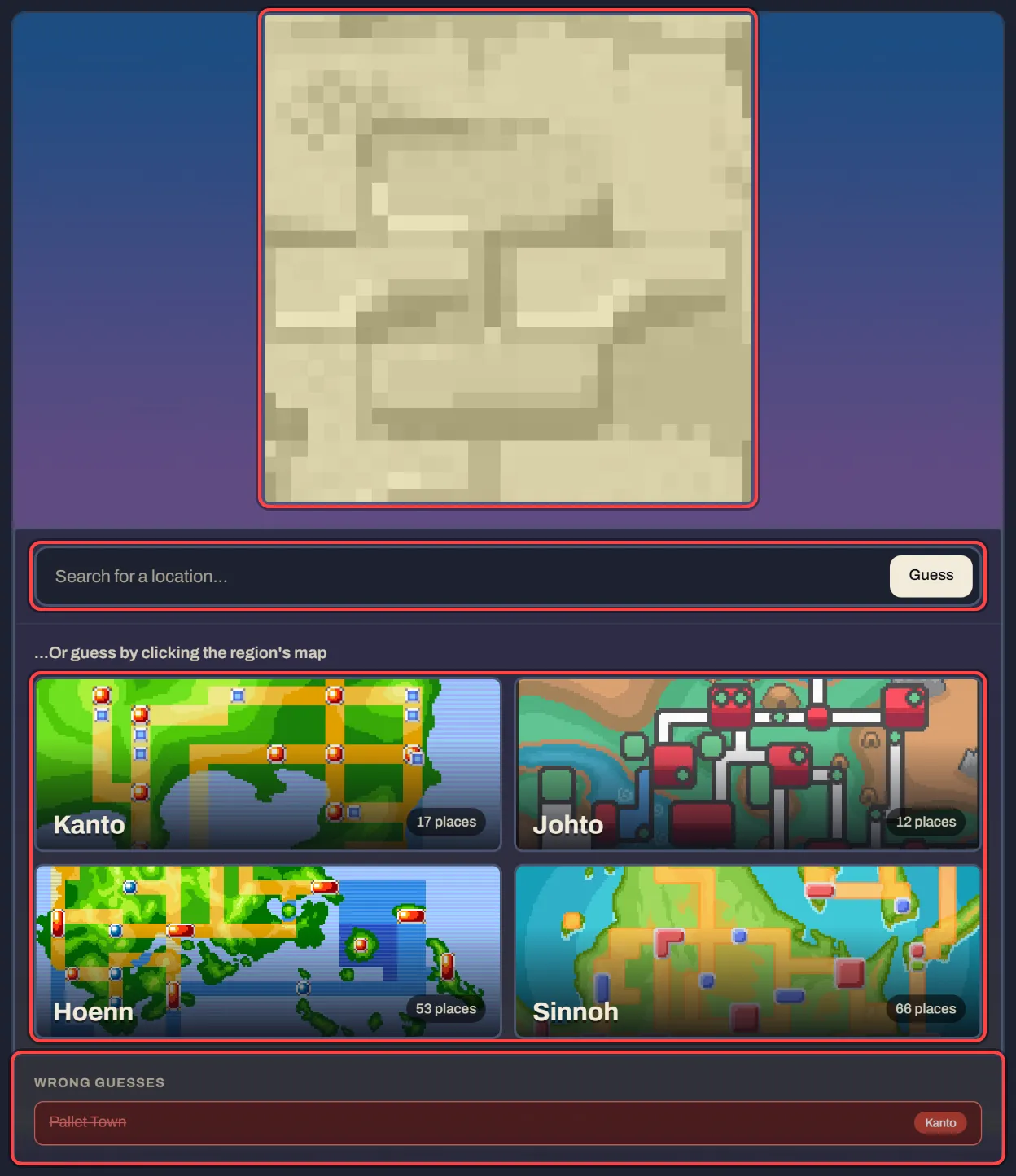 A PokéGuessr round: the close-up picture, the search box, the region maps and a miss