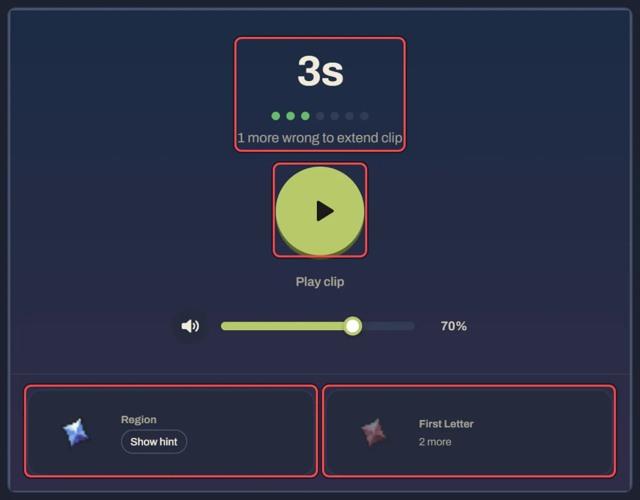 The music player after two misses: a three-second clip and its two hints