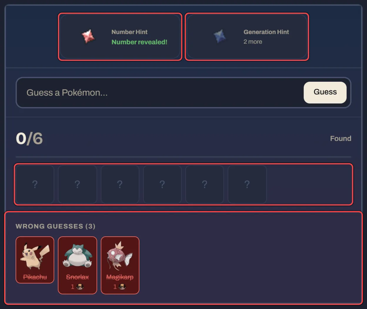 The Weakness hints after three guesses, with how many Pokémon share the chart and the misses